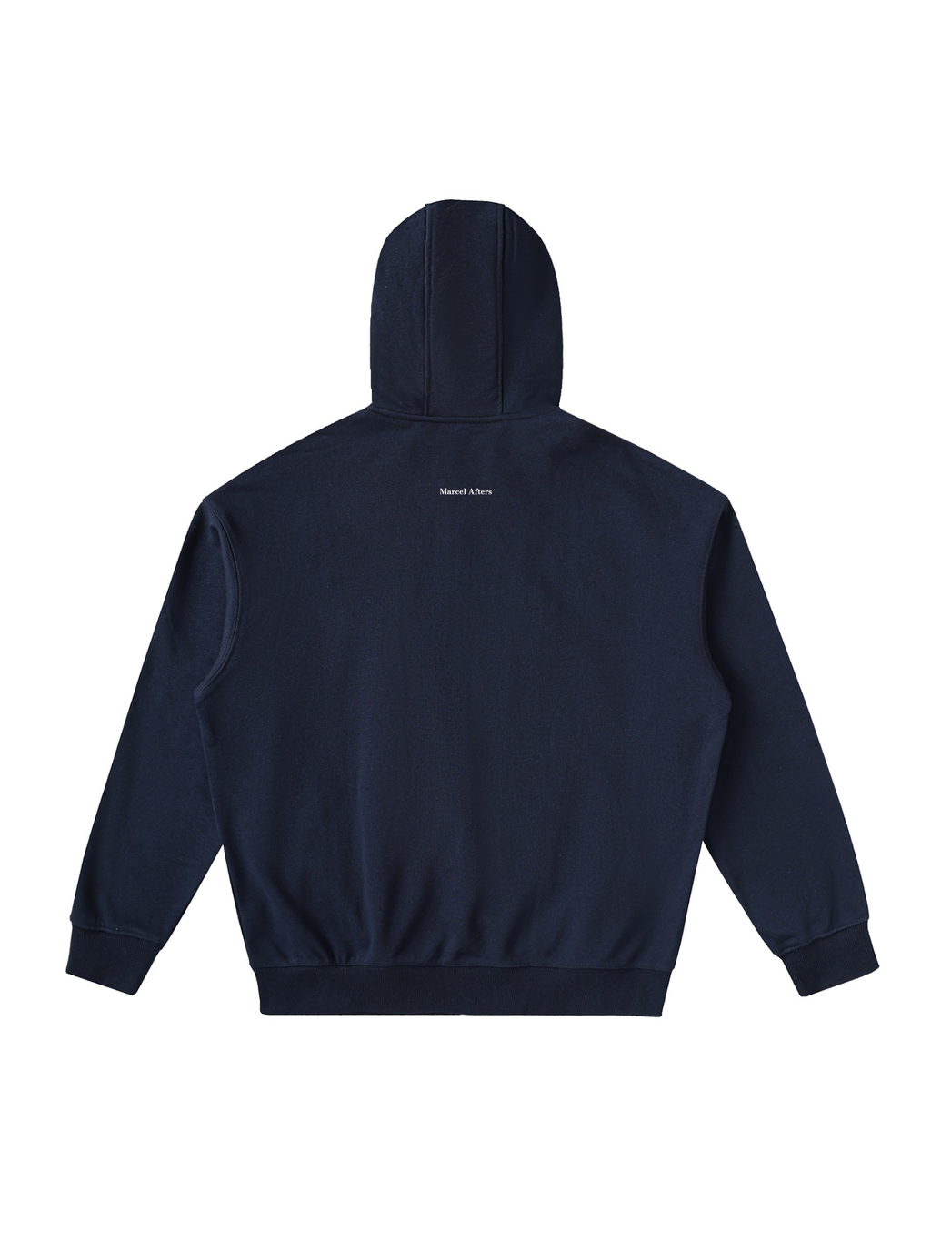 Unisex drop-shoulder zip up hoodie in Navy Blue, back view on white. Marcel Afters