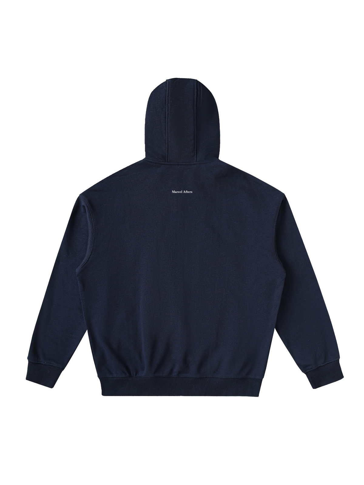 Drop-Shoulder Zip Up Hoodie in Navy Blue, laid flat on pale limestone, back.