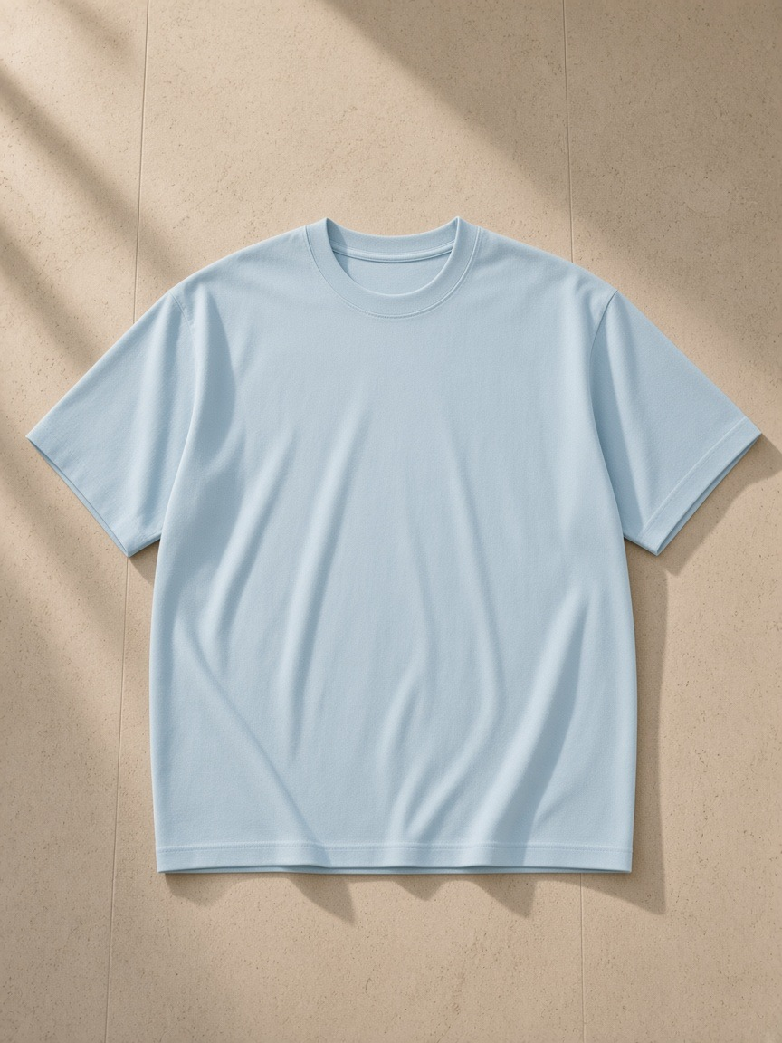 Men's Oversized T-Shirt in Sky Blue, laid flat on pale limestone