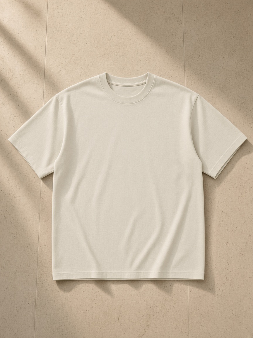 Unisex pure cotton t-shirt in Apricot, laid flat on pale limestone