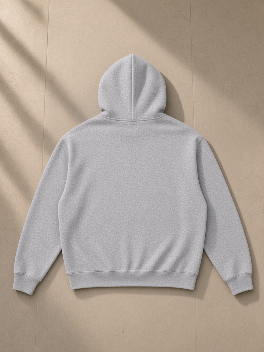Unisex loose full zip hoodie in Flower Gray, laid flat on pale limestone, back view