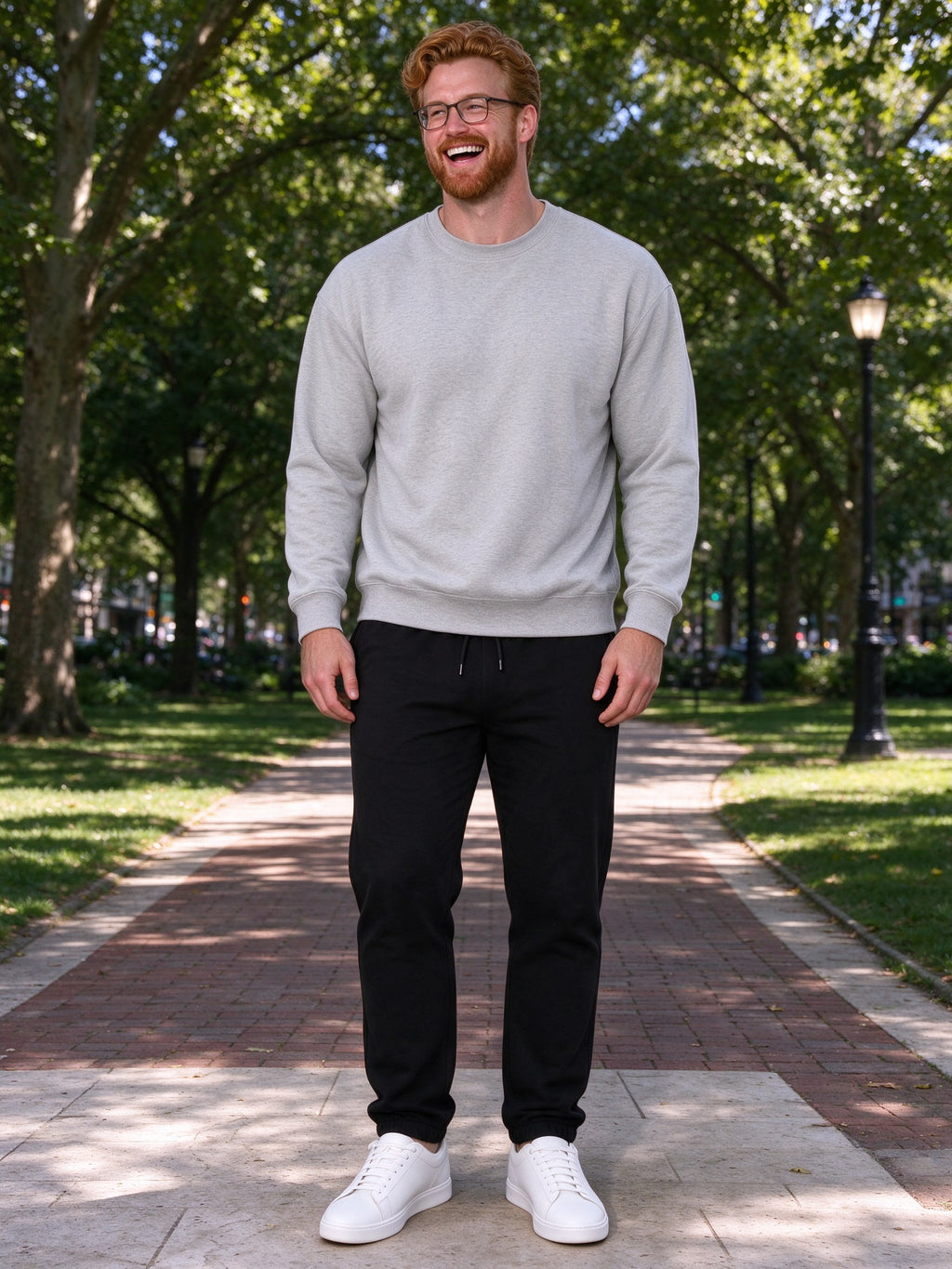 Big and tall fit: Flower Gray Heavyweight Crewneck Sweatshirt and Black Loose Fit Tapered Joggers on a 6 ft 5 model, size 3XL sweatshirt, 2XL joggers