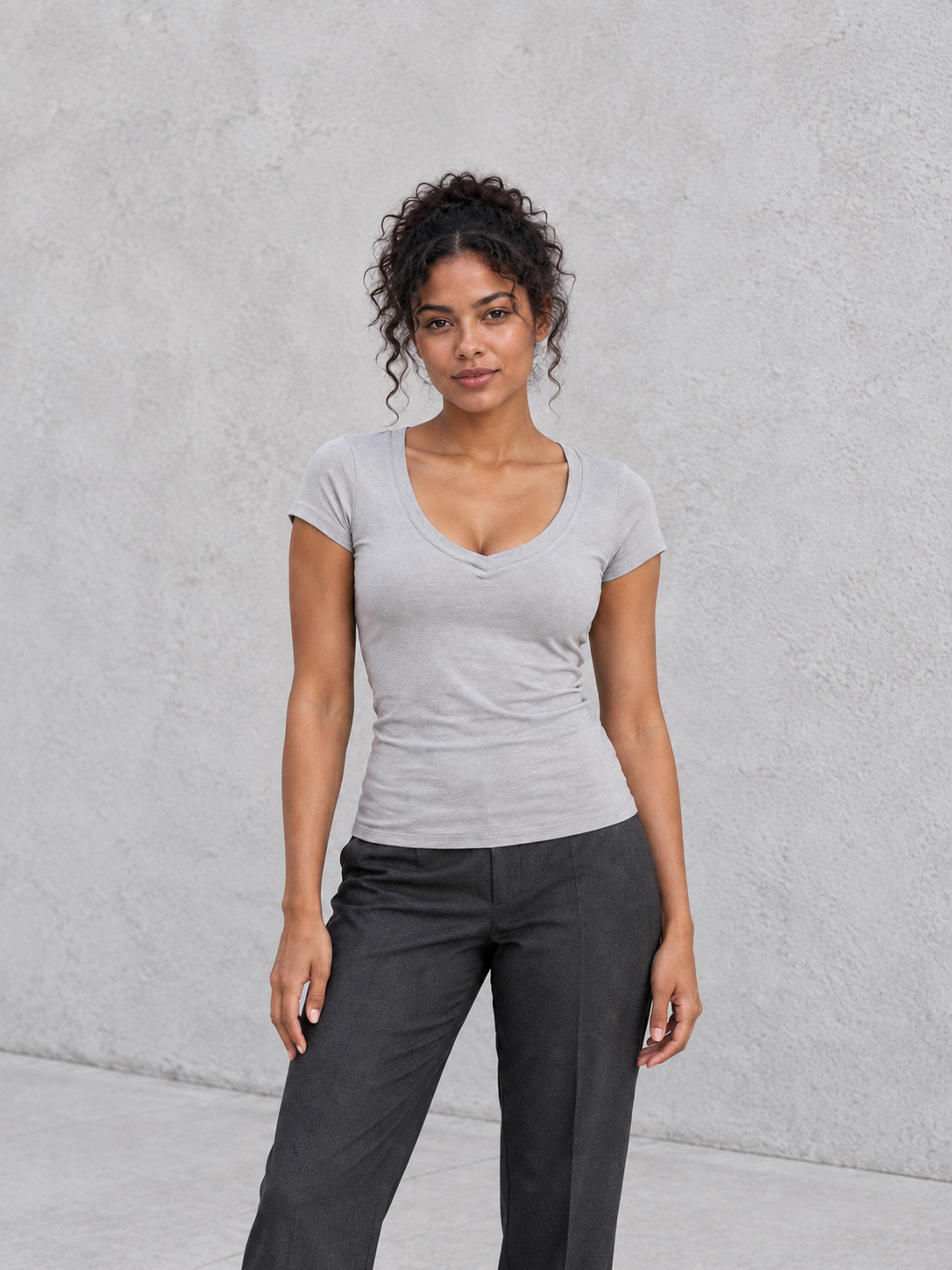 Essential V-Neck Bodycon T-Shirt in Light Gray, women model front view
