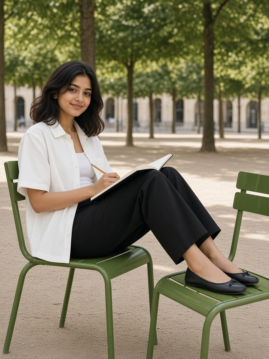 Woman in the Boxy Heavyweight Short Sleeve Shirt in White on a green chair in the Palais-Royal garden