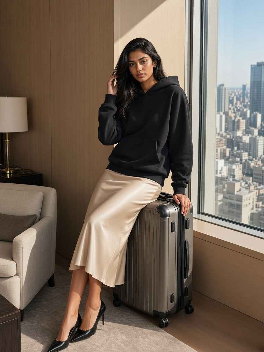 Woman in the Boxy Oversized Hoodie in Black standing in a hotel suite in Tokyo by day