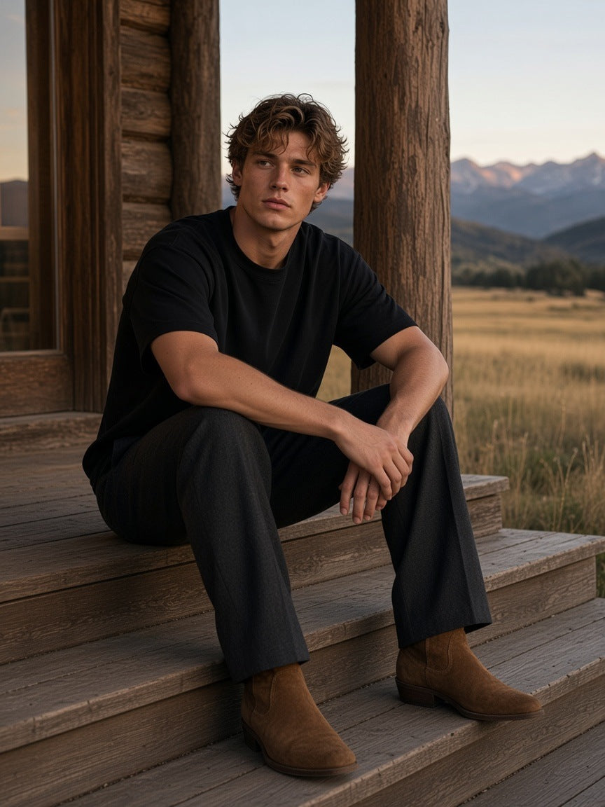 Man in the Men's Boxy Oversized T-Shirt in Black standing on a ranch lodge veranda in Montana by day