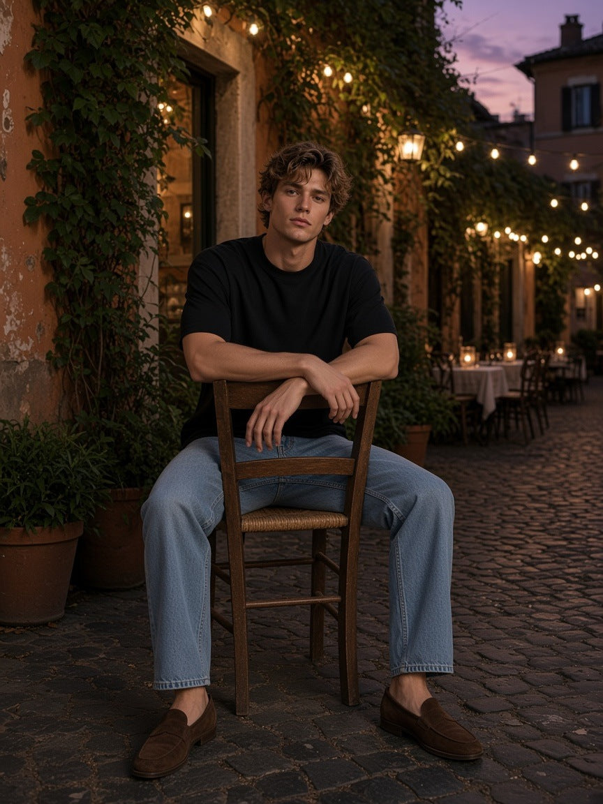 Man in the Men's Boxy Oversized T-Shirt in Black with light-wash jeans and brown suede loafers, sitting astride a café chair on a Trastevere lane in Rome at dusk