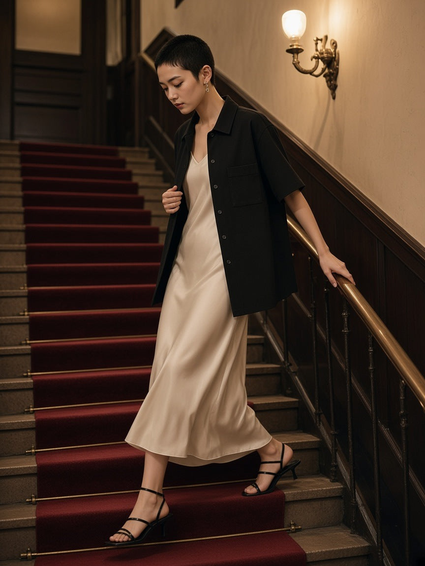 Woman in the Boxy Patch Pocket Short Sleeve Shirt in Black worn open over an ivory silk slip dress with strappy heels, coming down a red-carpeted hotel staircase at 1am