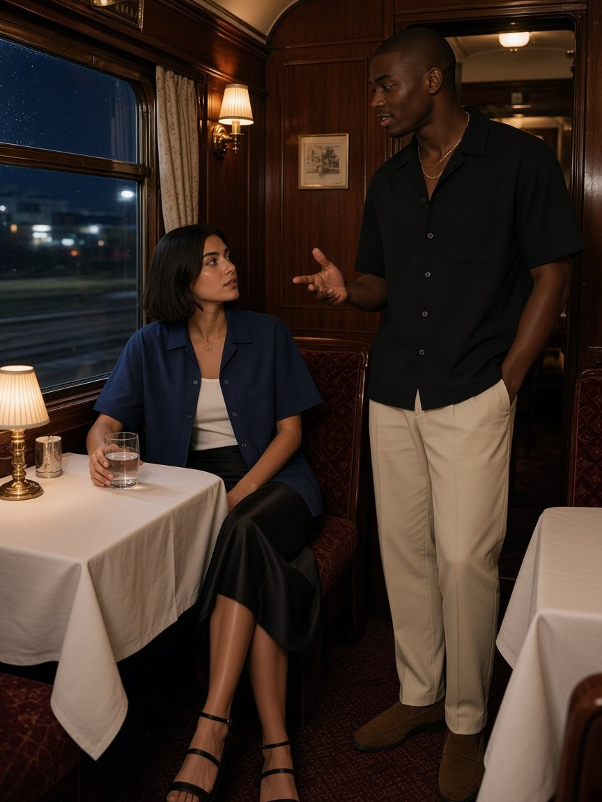 Two people in the Boxy Patch Pocket Short Sleeve Shirt in Navy Blue and Black, one seated at a window table and one standing mid-conversation, in a night train dining car