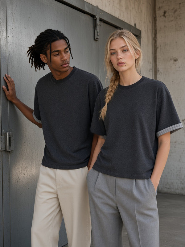 Marcel Afters Boxy Plaid-Lined Double-Face T-Shirt, Dark Tones