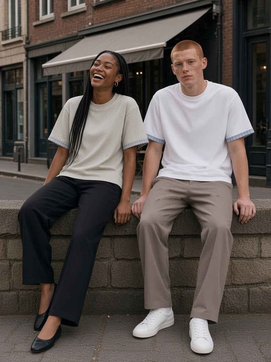 Marcel Afters Boxy Plaid-Lined Double-Face T-Shirt, White and Light Gray, couple, street