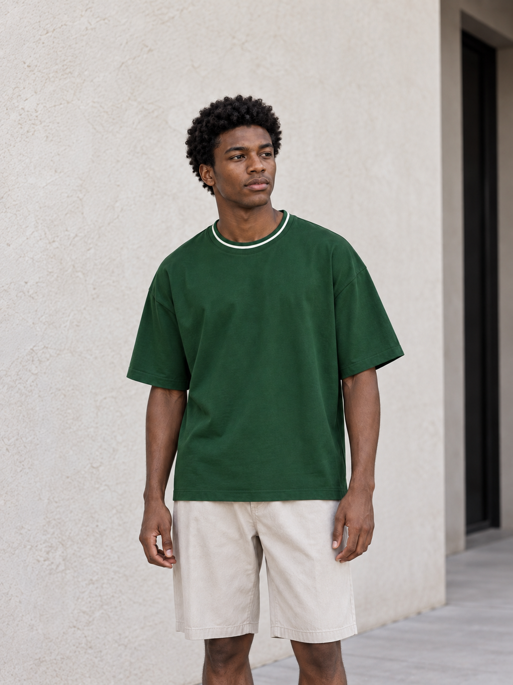 Boxy Ribbed T-Shirt in Dark Green, men model front view