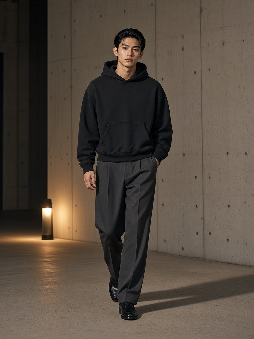 Boxy Vintage Washed Hoodie in Black, à deux, worn by him