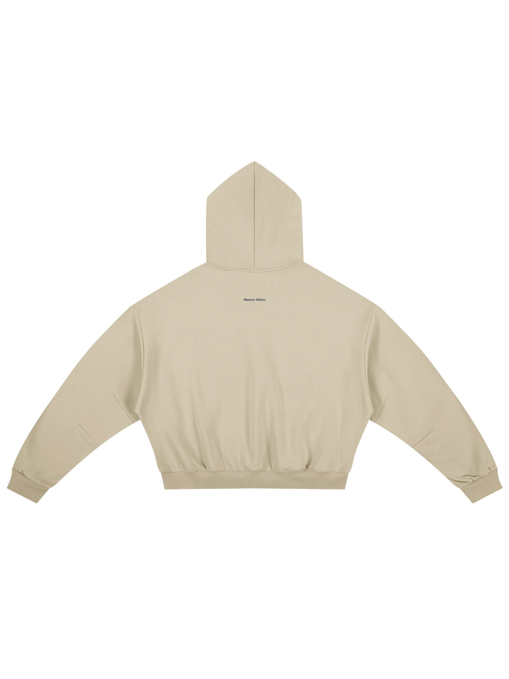 Unisex boxy darted sleeve hoodie in Apricot, back view on white. Marcel Afters