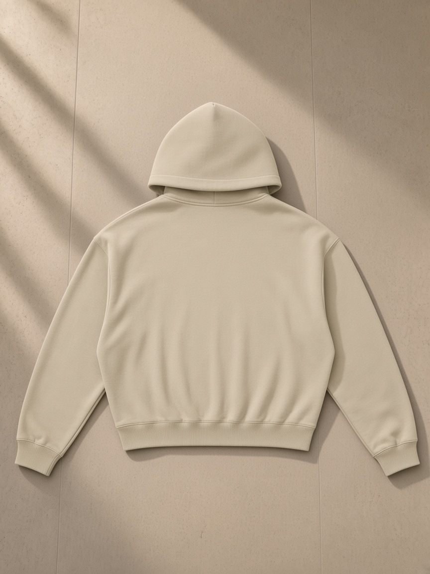 Unisex boxy darted sleeve hoodie in Apricot, laid flat on pale limestone, back view