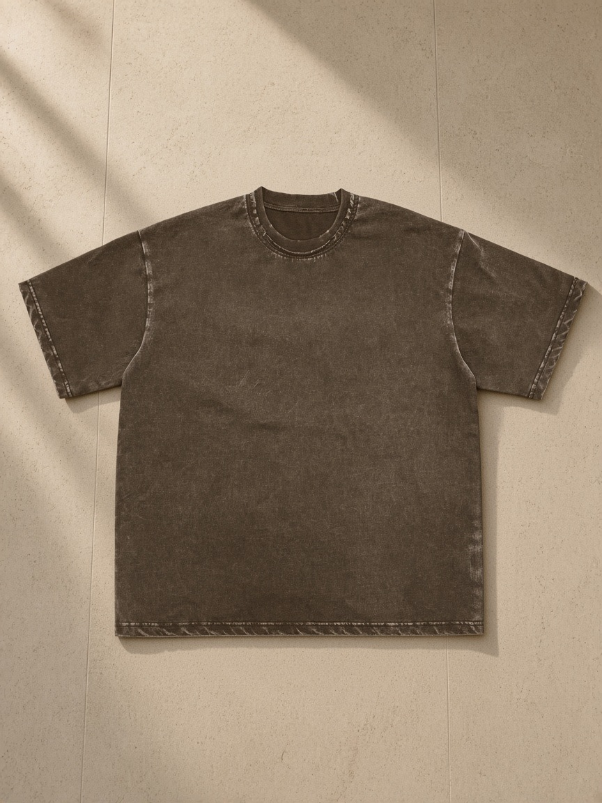 Snow washed raw-edge neckline t-shirt in Coffee, laid flat on pale limestone