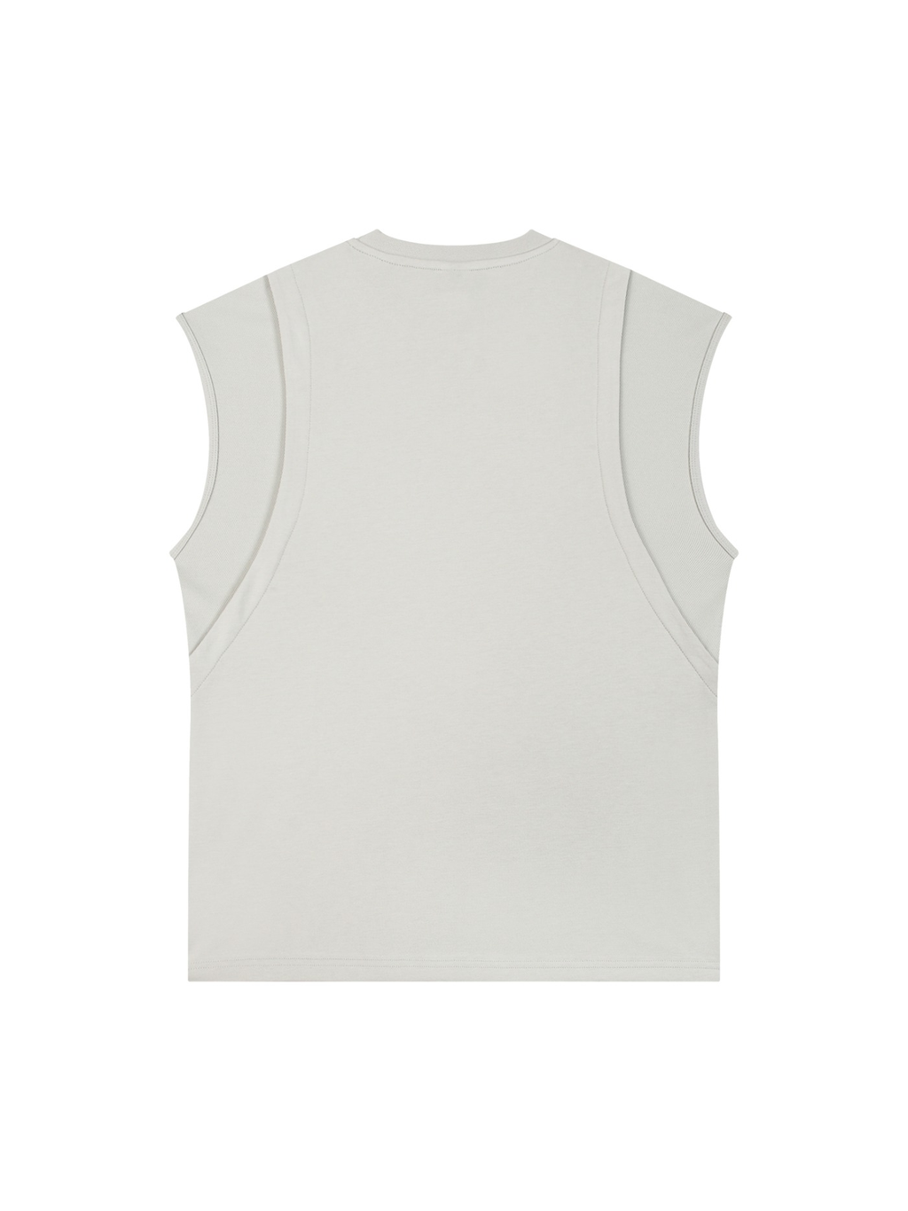 Unisex spliced panel sleeveless muscle t-shirt in Light Gray, back view on white. Marcel Afters