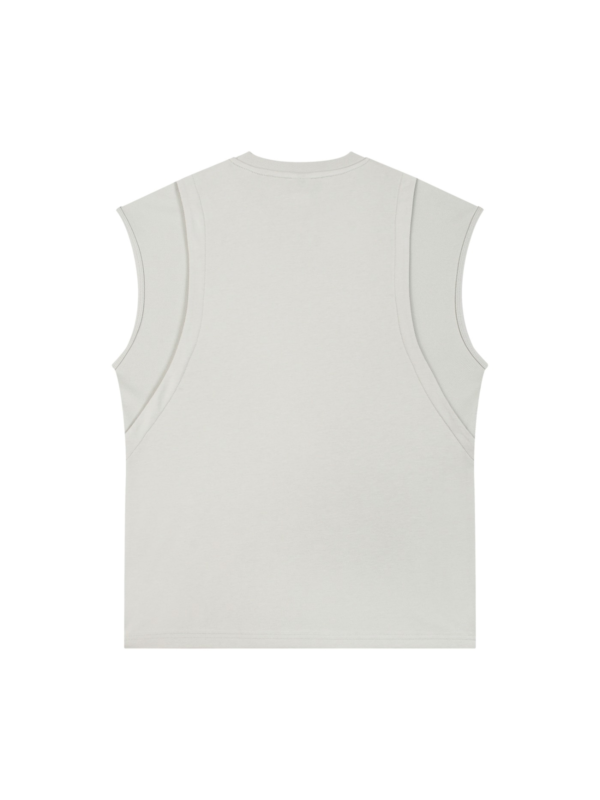 Unisex spliced panel sleeveless muscle t-shirt in Light Gray, back view on white. Marcel Afters