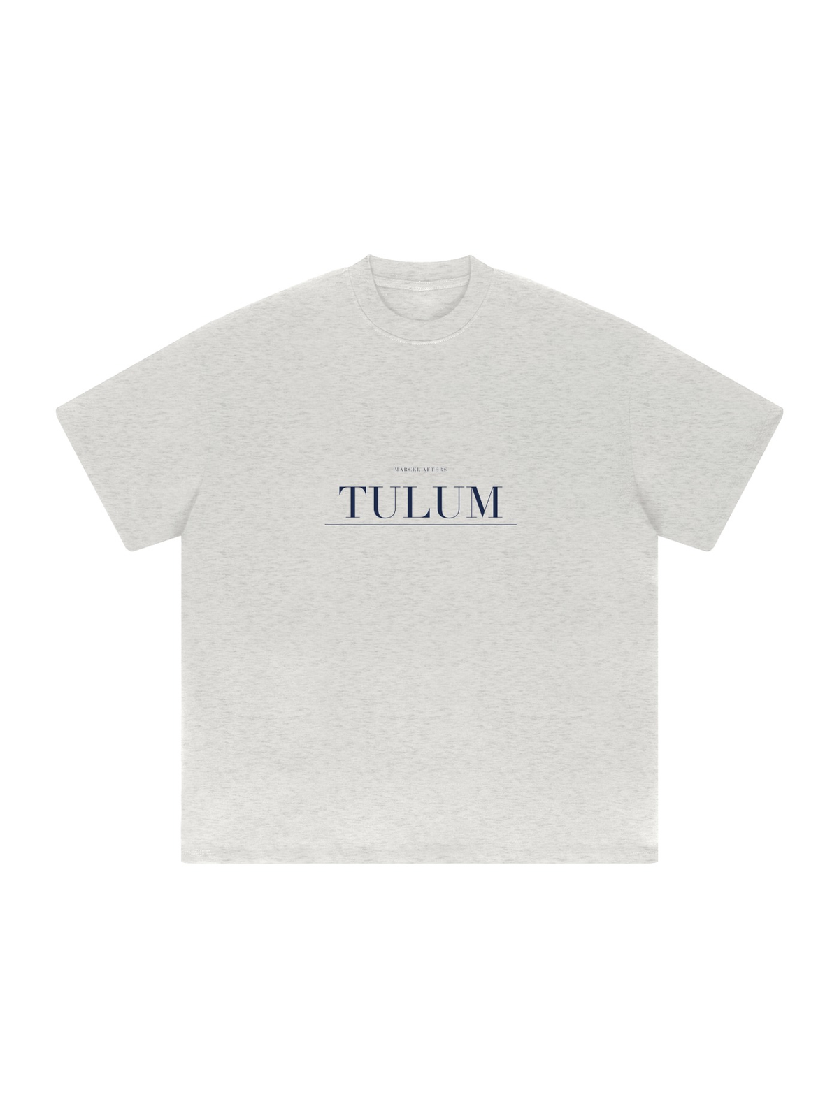 Tulum Heavyweight Drop Shoulder T-Shirt by Marcel Afters in Oat Gray, front view with the printed artwork, on white