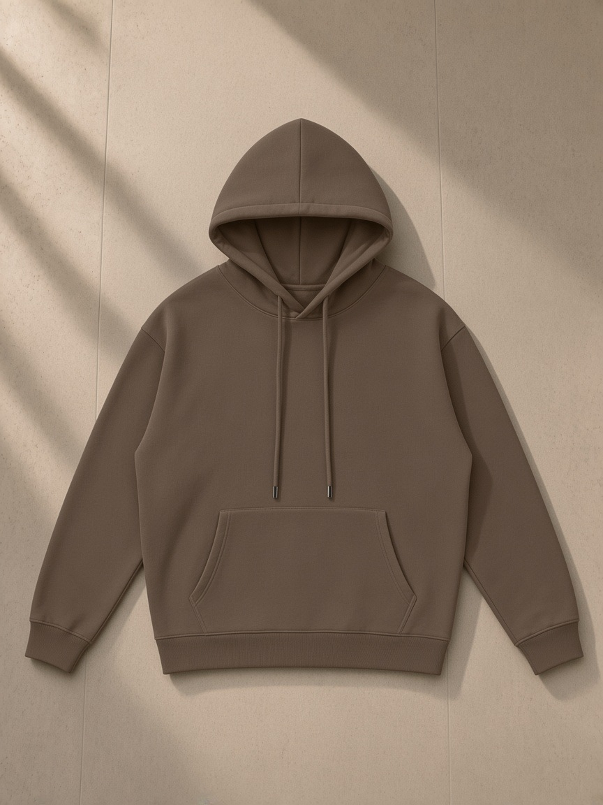 Streetwear Fleece Hoodie in Dark Brown, laid flat on pale limestone