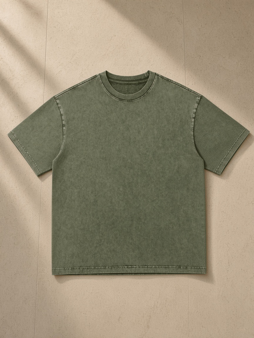 Snow Washed Heavyweight Oversize T-Shirt in Green, laid flat on pale limestone