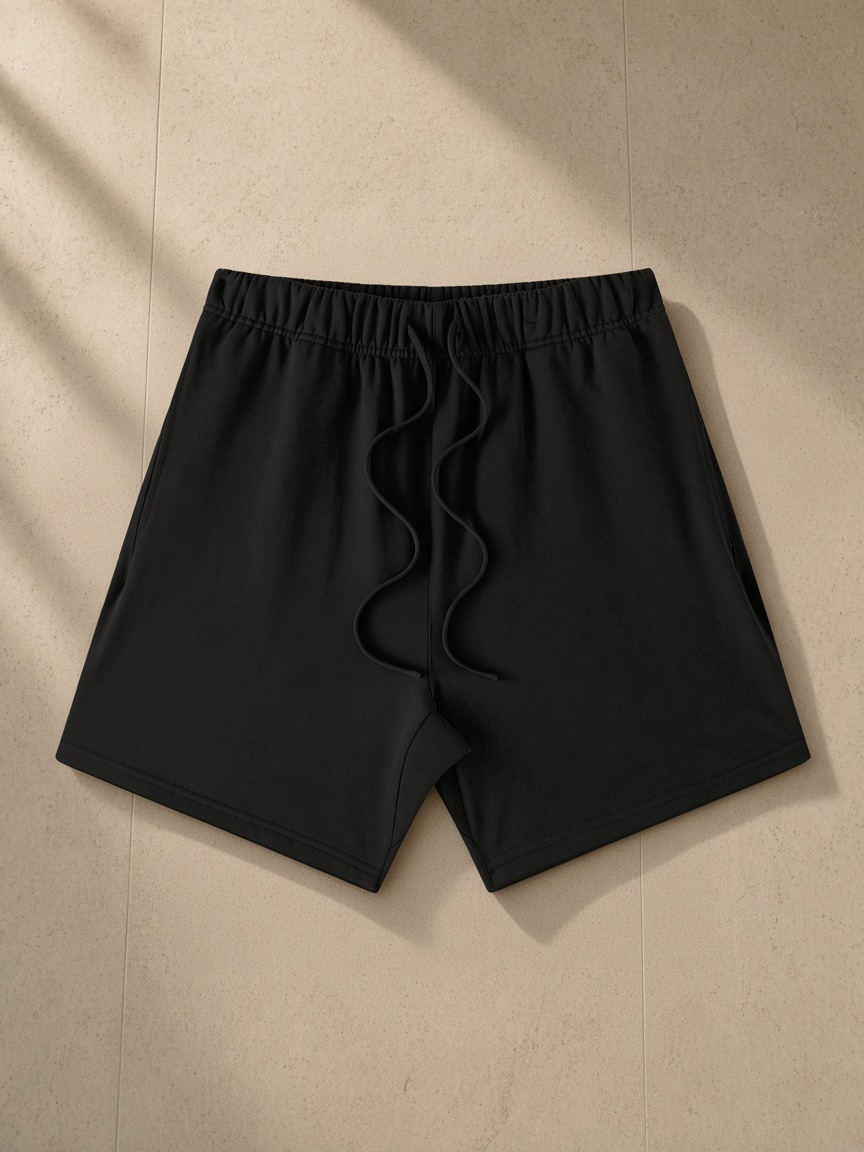 Earth Tone Loose Fit Cotton Shorts in Black, laid flat on pale limestone