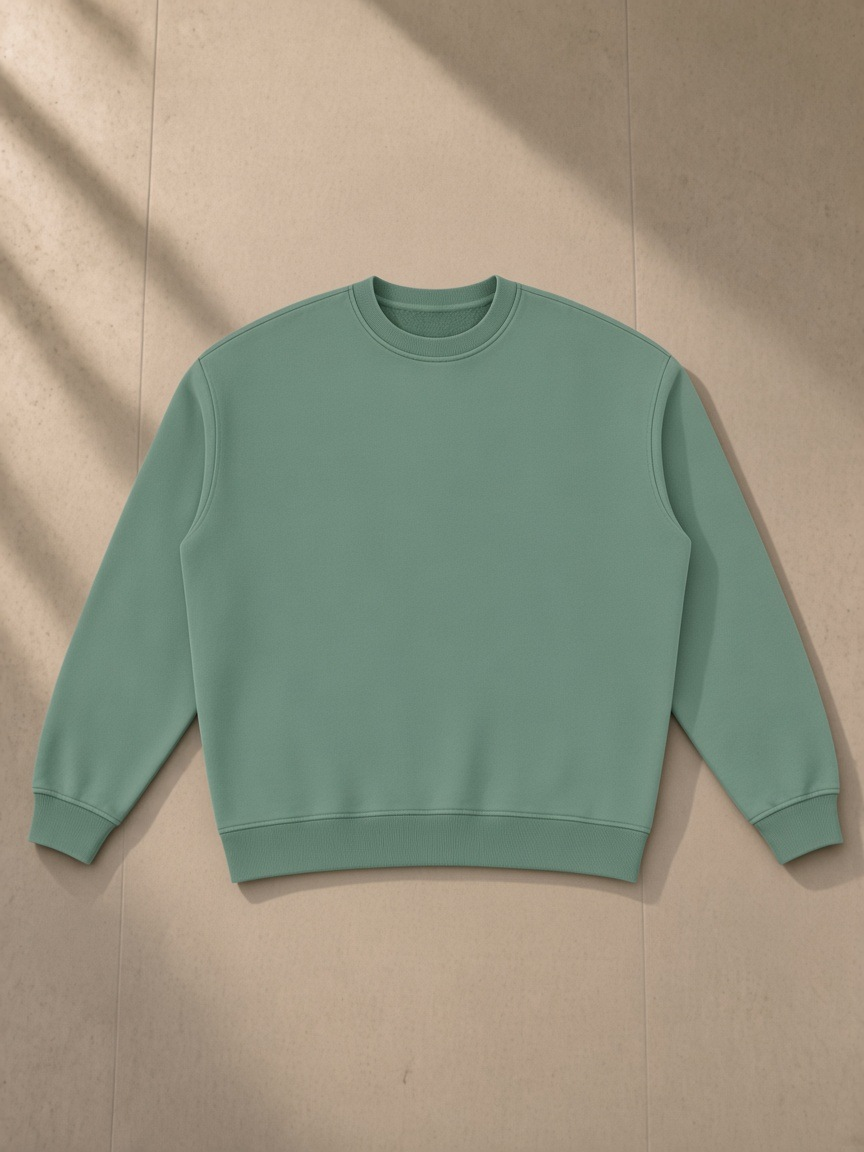 Vintage Wash Fleece Sweatshirt — Dark in Dark Green, laid flat on pale limestone, front.