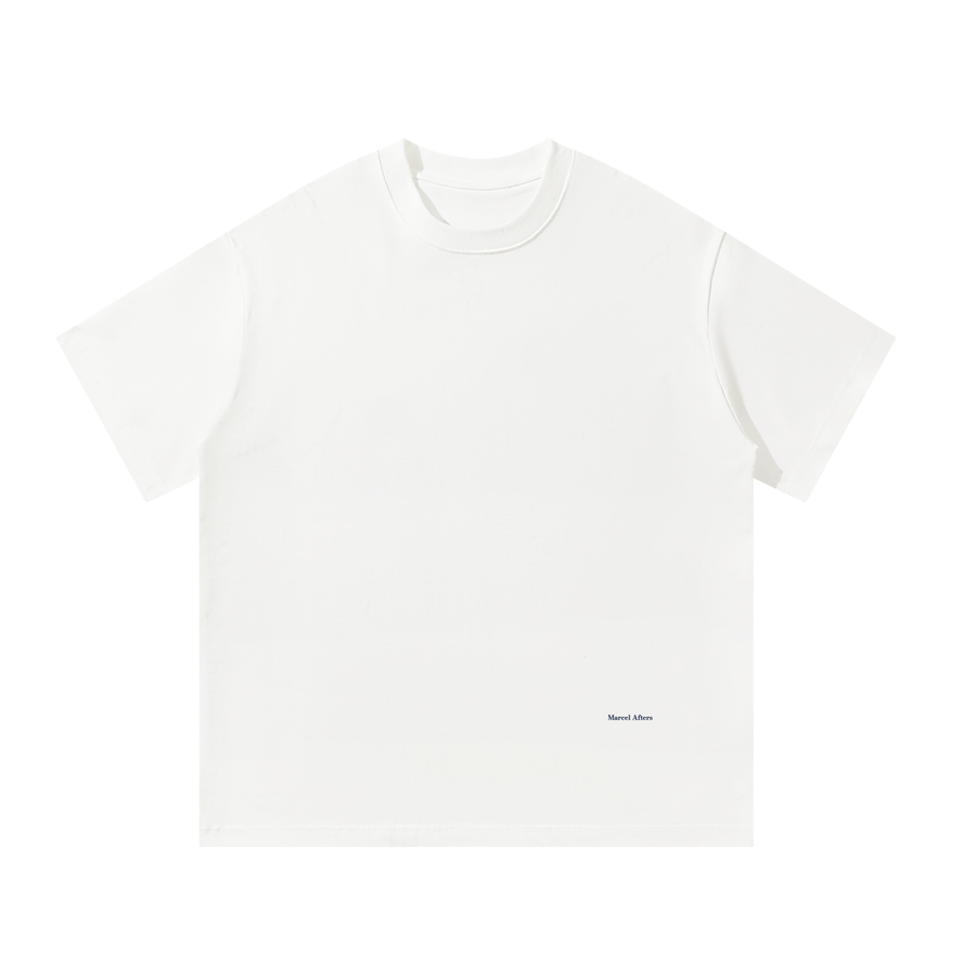Women's Oversized T-Shirt in White, front view, small Marcel Afters wordmark at the lower left front.