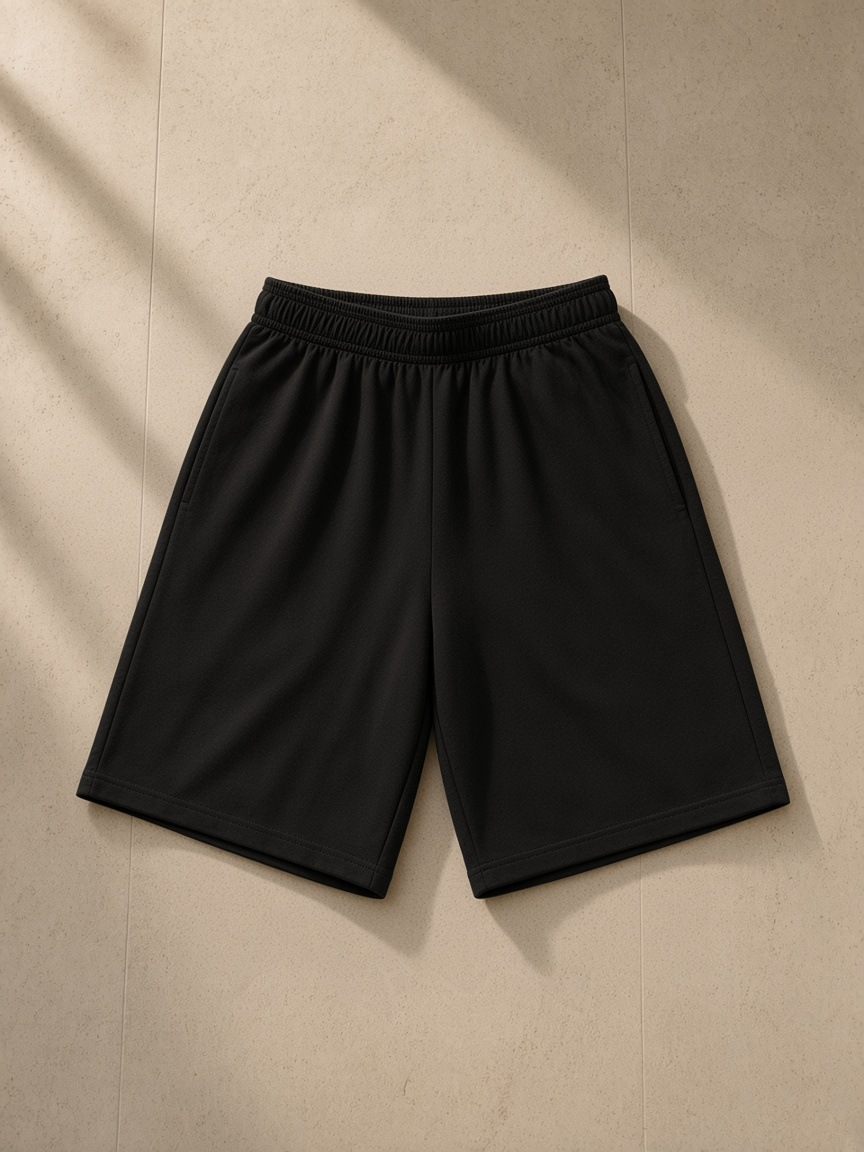 Unisex heavyweight cotton shorts in Black, laid flat on pale limestone