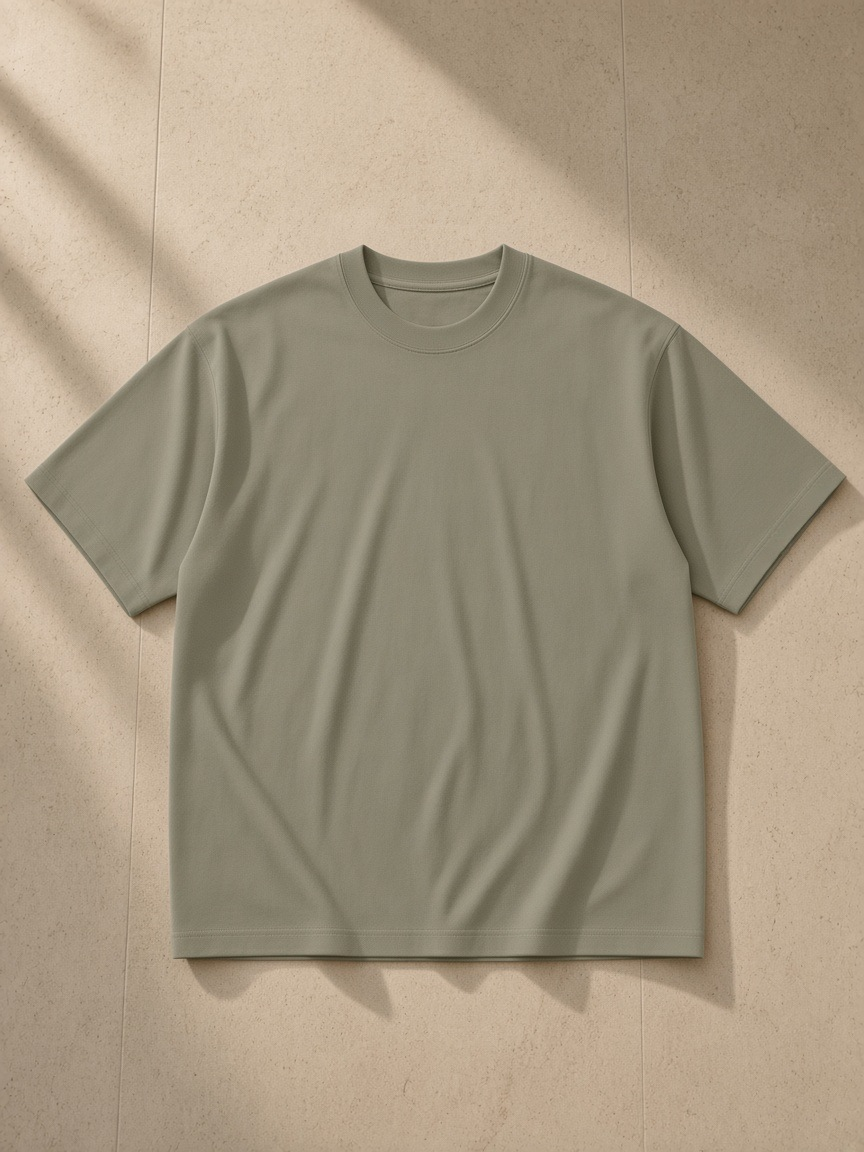 Unisex heavyweight oversized t-shirt in Gray Green, laid flat on pale limestone