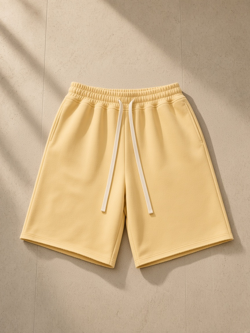 Heavyweight Raw Edge Shorts in Flower Gray and Apricot, laid flat on pale limestone