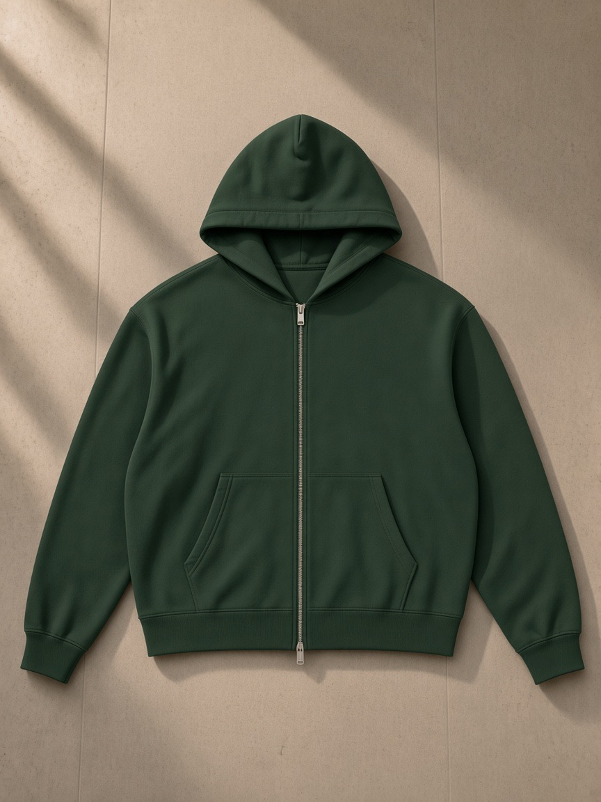 Women's Heavyweight Full Zip Hoodie in Blackish Green, laid flat on pale limestone, front.
