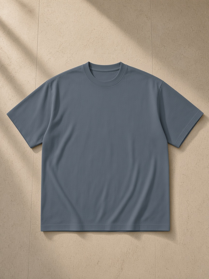 Heavyweight Drop Shoulder T-Shirt in Haze Blue, laid flat on pale limestone