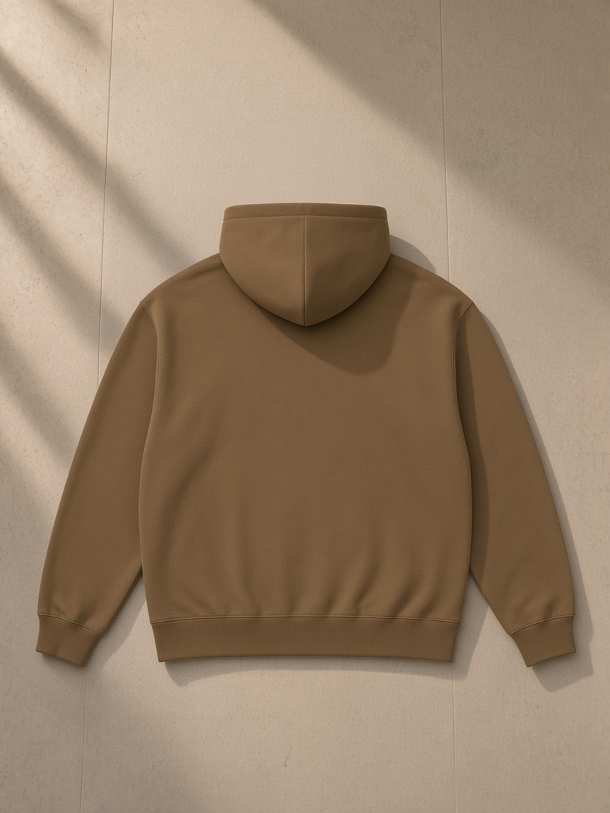Heavyweight pullover hoodie in Brown, laid flat on pale limestone, back view