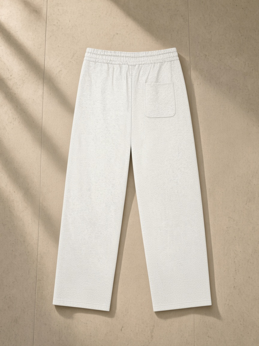 Heavyweight Sweatpants in Oat Gray, laid flat on pale limestone, back.