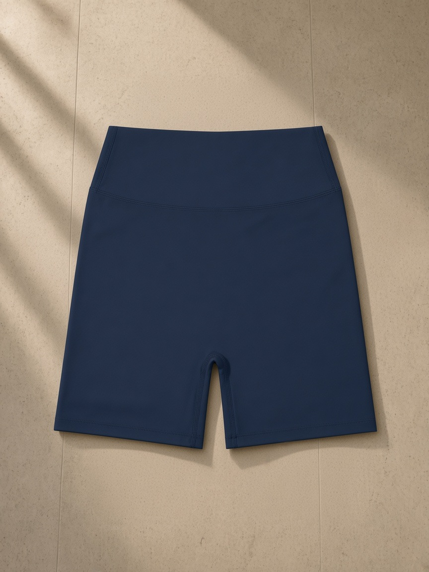Women's High Waisted Yoga Biker Shorts in Navy Blue, laid flat on pale limestone