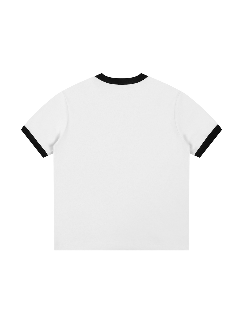 Unisex ringer t-shirt in White, back view on white. Marcel Afters