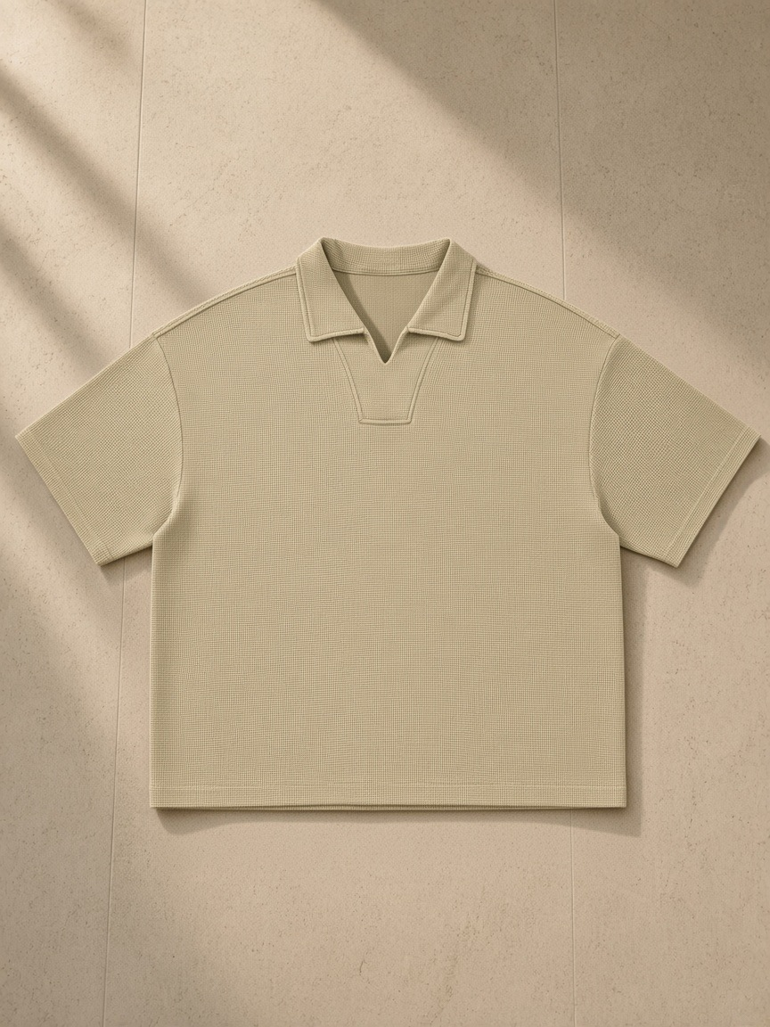 Vintage Wash Waffle Boxy Polo Shirt in Khaki, laid flat on pale limestone