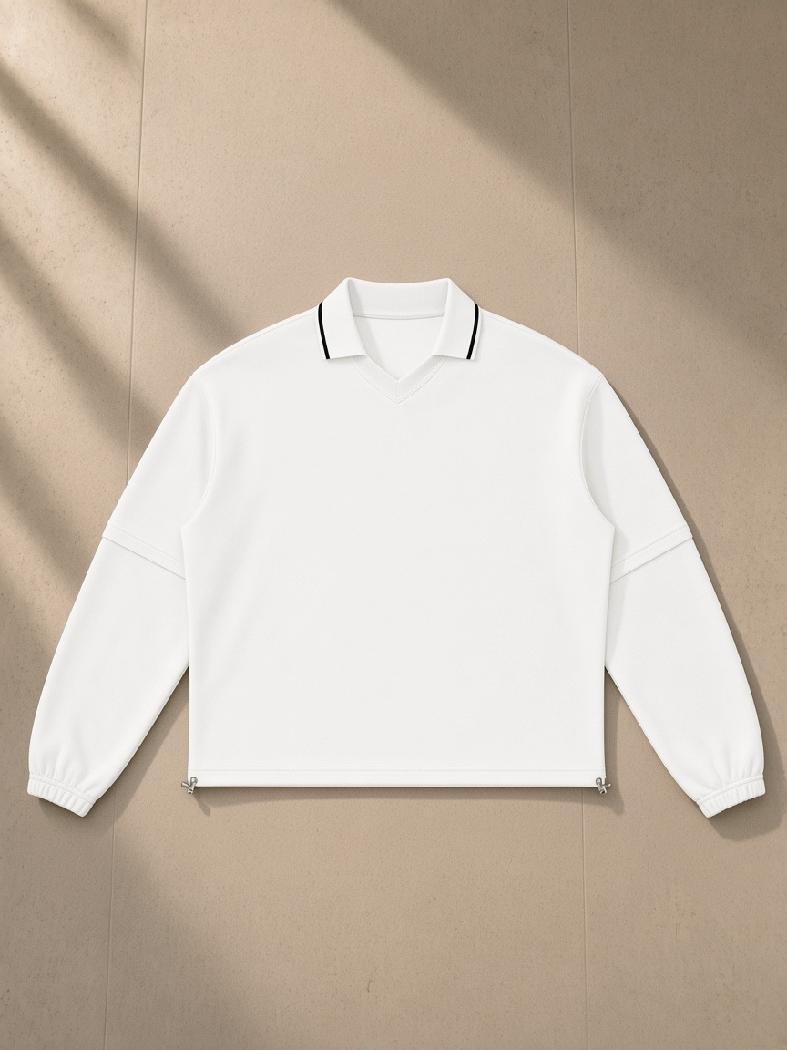 Boxy Detachable Collar Sweatshirt in White, laid flat on pale limestone