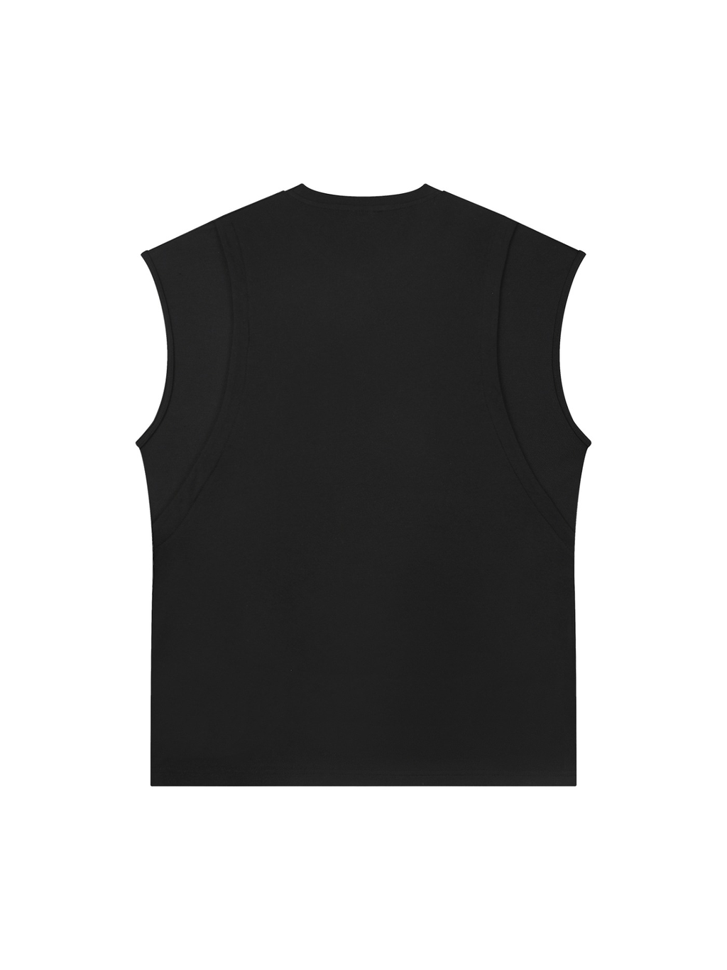 Unisex spliced panel sleeveless muscle t-shirt in Black, back view on white. Marcel Afters