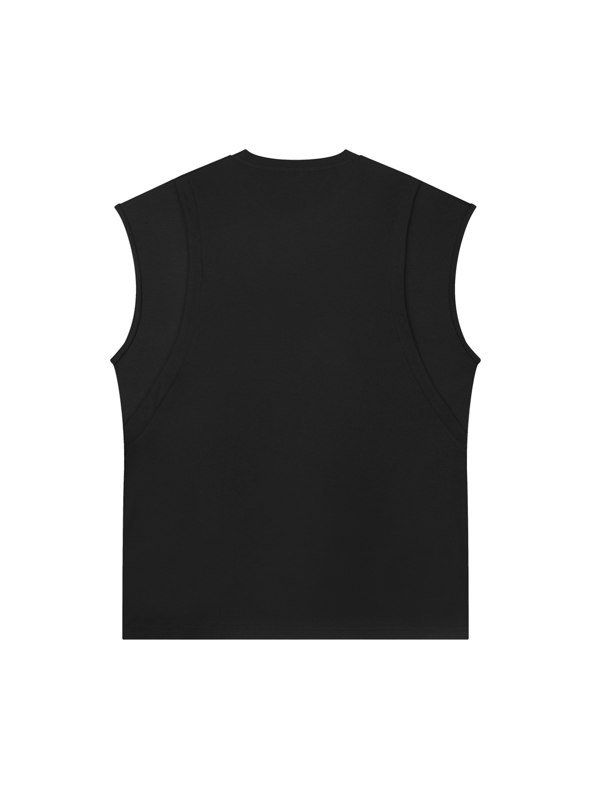 Unisex spliced panel sleeveless muscle t-shirt in Black, back view on white. Marcel Afters