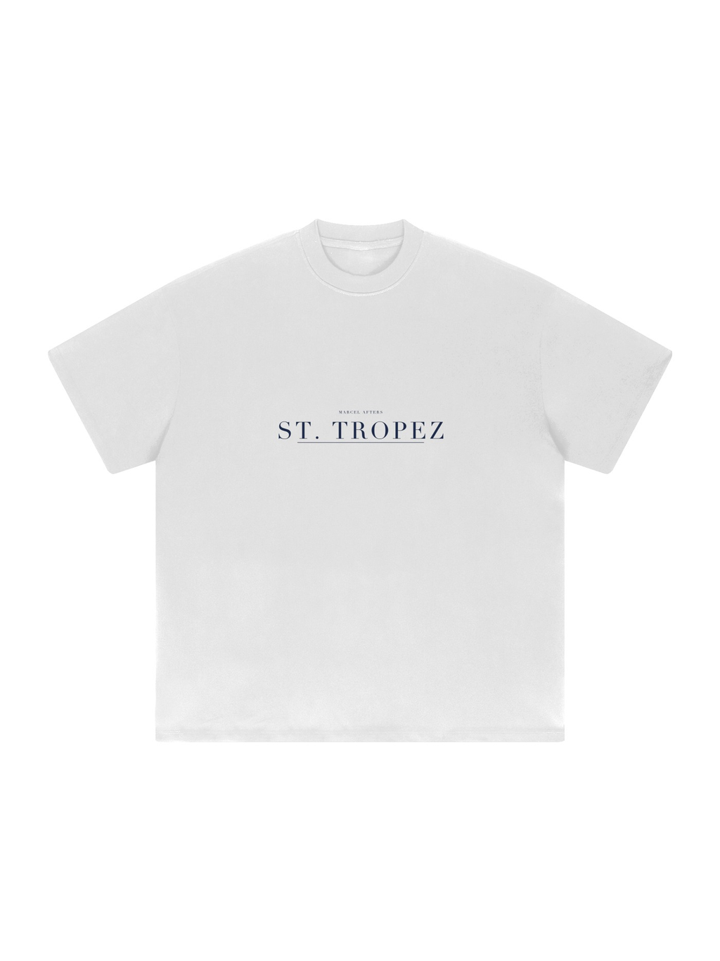 St. Tropez Heavyweight Drop Shoulder T-Shirt by Marcel Afters in White, front view with the printed artwork, on white