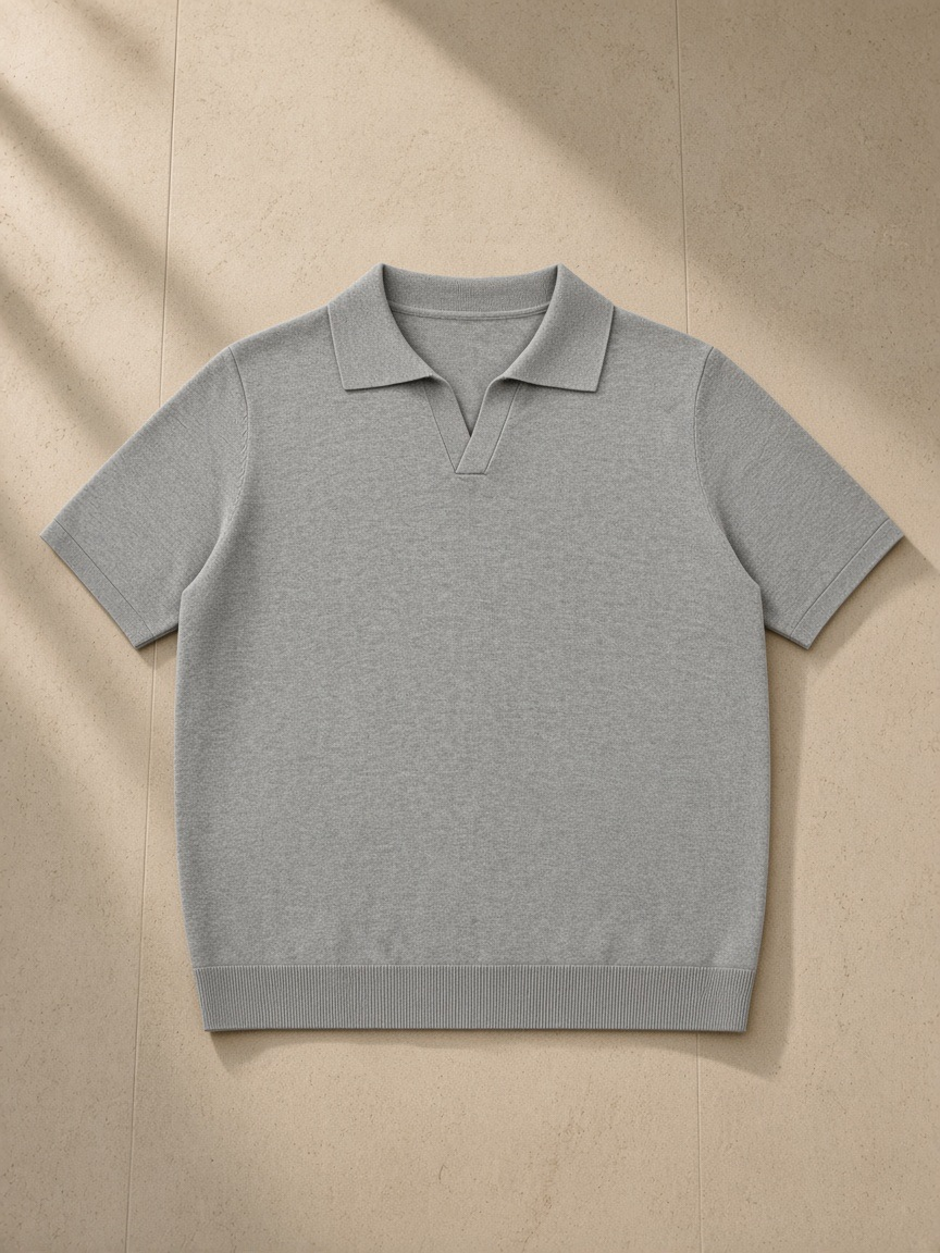 Unisex Heavyweight Oversized Polo Shirt in Flower Gray, laid flat on pale limestone