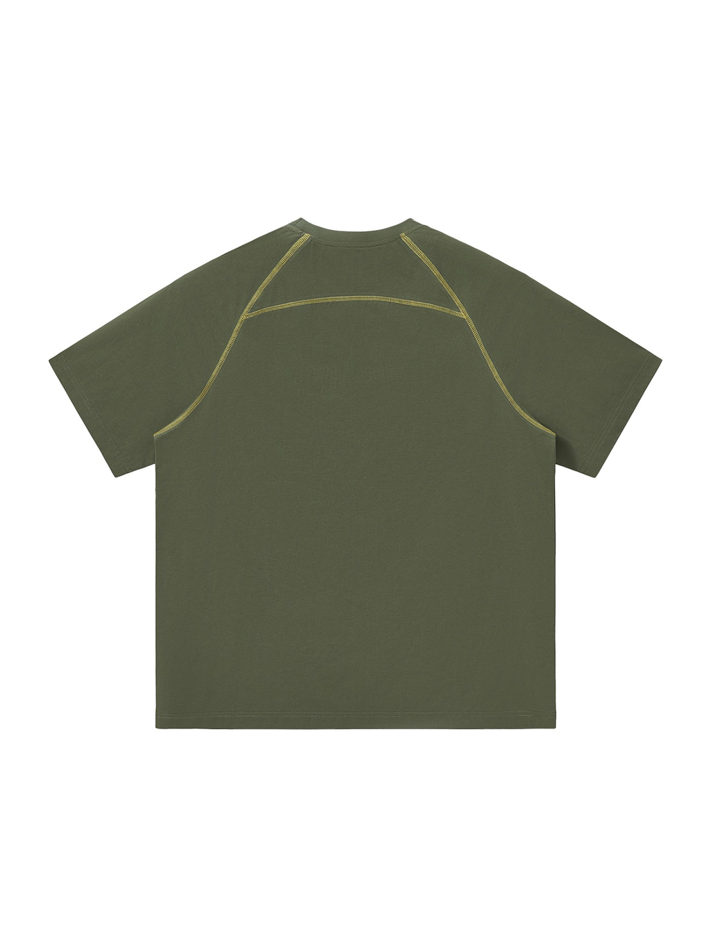 Unisex contrast stitch raglan t-shirt in Army Green, back view on white. Marcel Afters