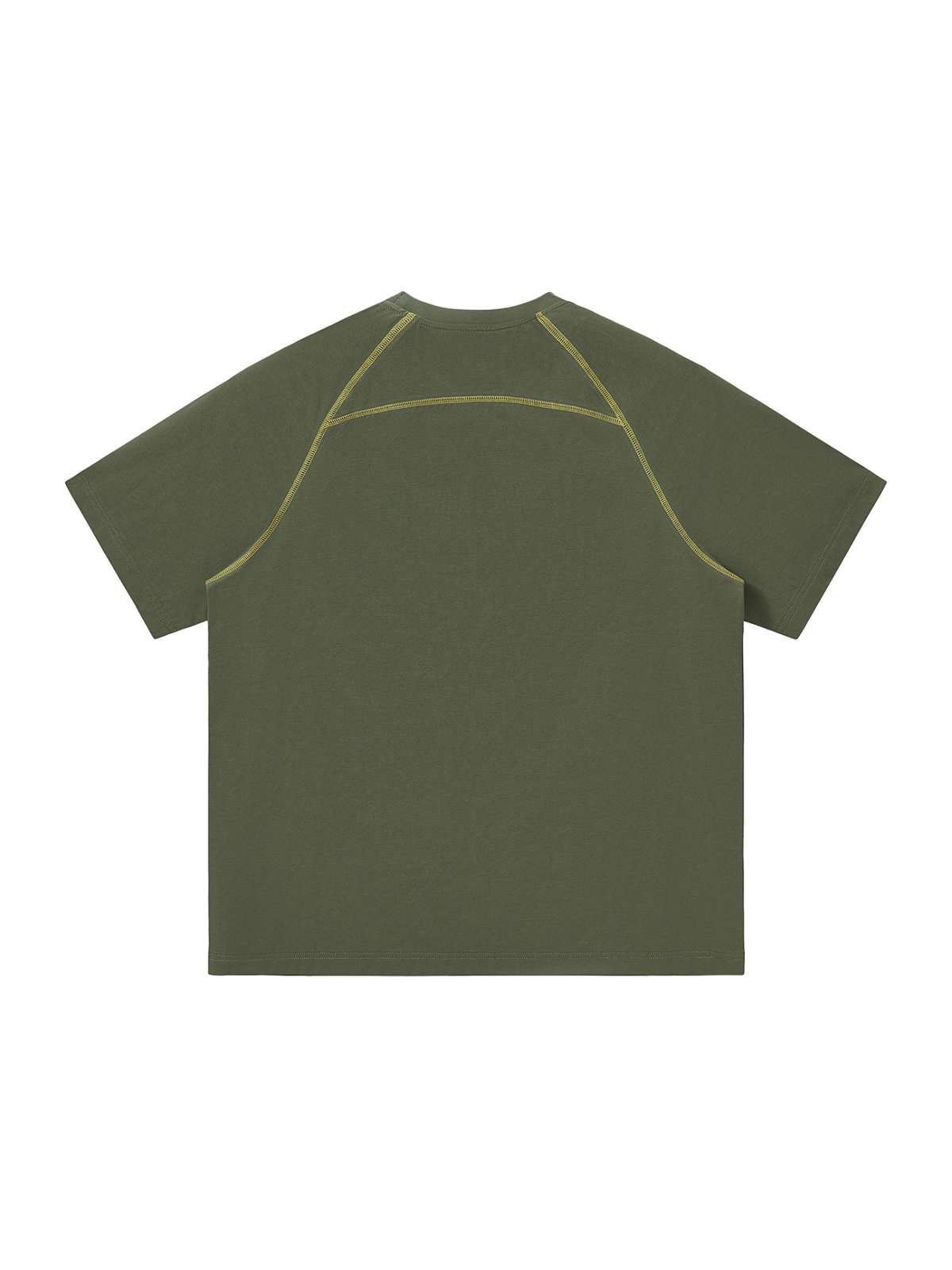 Unisex contrast stitch raglan t-shirt in Army Green, back view on white. Marcel Afters