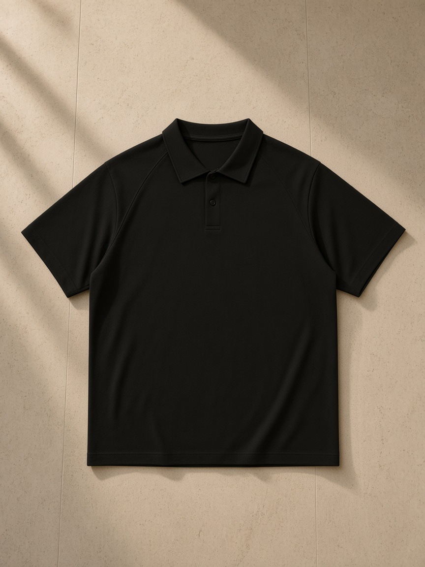 Unisex regular fit polo shirt in Black, laid flat on pale limestone