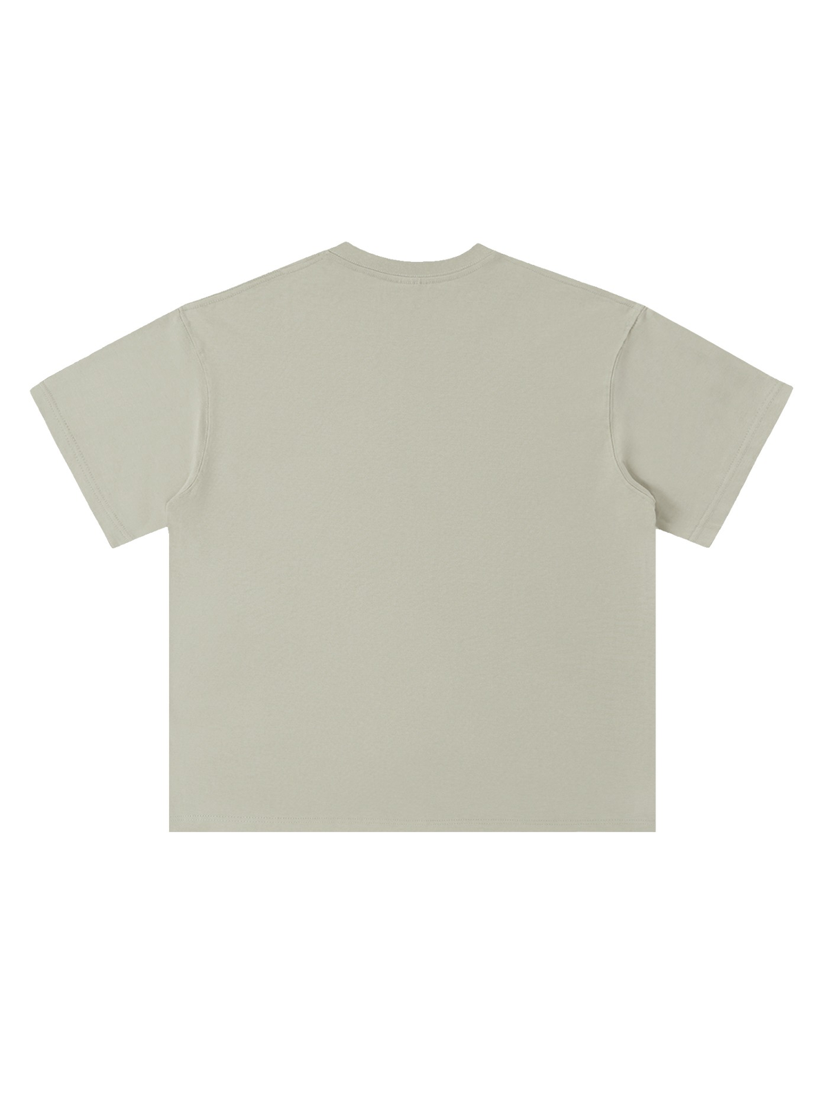 Unisex heavyweight drop shoulder cotton t-shirt in Gray Green, back view on white. Marcel Afters