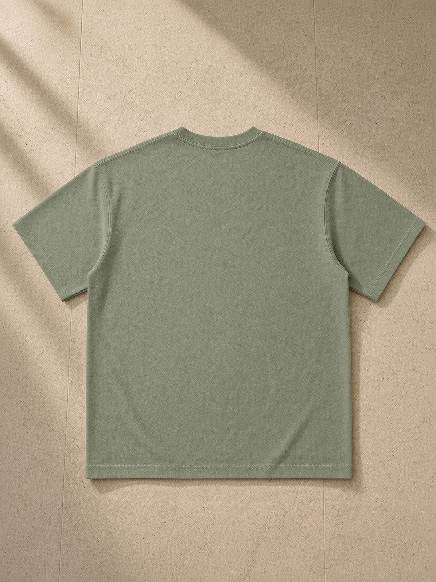 Heavyweight Drop Shoulder Cotton T-Shirt in Gray Green, laid flat on pale limestone, back.
