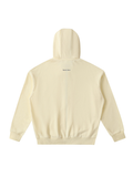 Unisex drop-shoulder zip up hoodie in Mild Apricot, back view on white. Marcel Afters