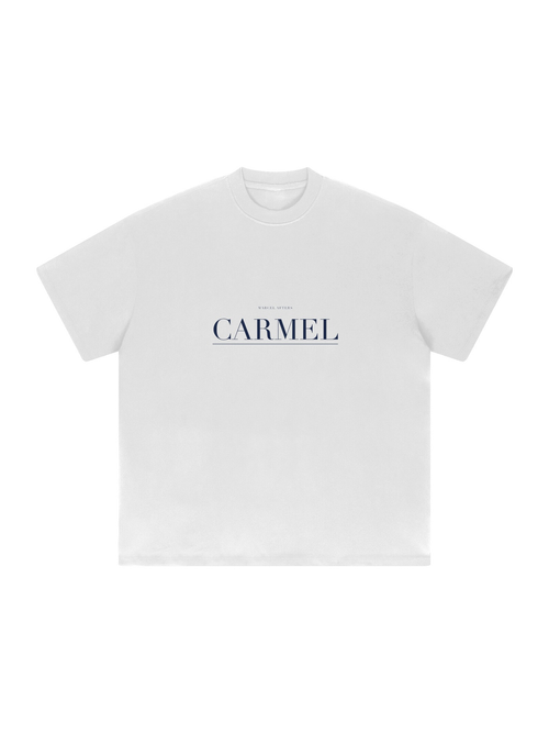 Carmel Heavyweight Drop Shoulder T-Shirt by Marcel Afters in White, front view with the printed artwork, on white